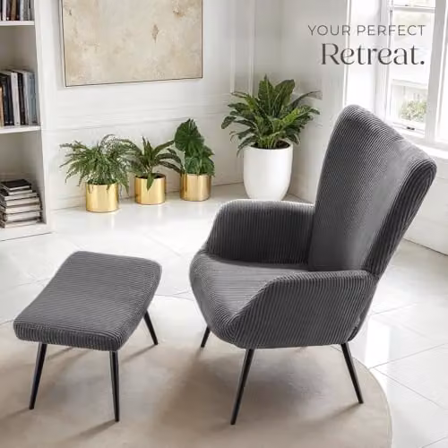 tectake Scandinavian Style Armchair with Footstool in Anthracite and Black Corduroy Fabric, W/D/H: 76.0 x 72.0 x 100.5 cm – 2