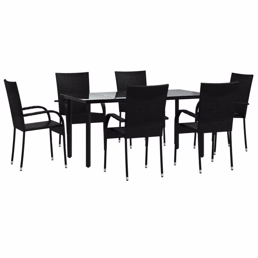 Berkfield Home 7 Piece Black Poly Rattan Garden Dining Set with Glass Top Table – 3