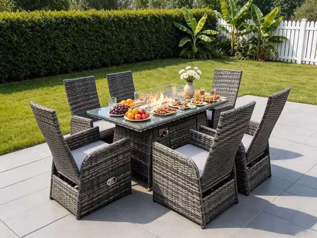 Fimous 6 Seater Rattan Outdoor Garden Furniture Set with Gas Fire Pit Dining Table and Chairs in Dark Grey – 1