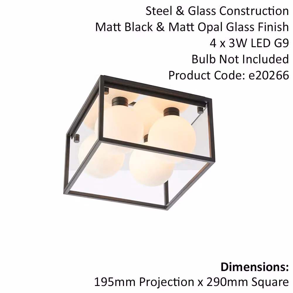 Loops Matt Black Square Framed Semi Flush Bathroom Ceiling Light with Sphere Glass Shades – 2
