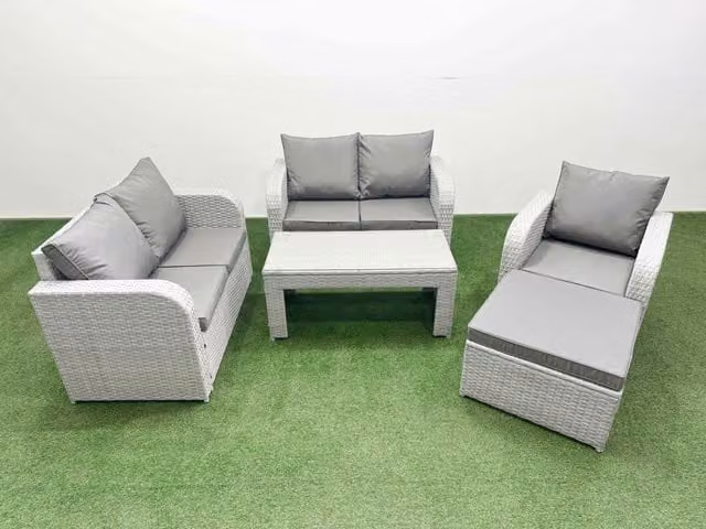 Fimous Poly Rattan Garden Furniture Set in Light Grey with Reclining Chair, 2-Seater Sofa, Ottoman and Coffee Table
