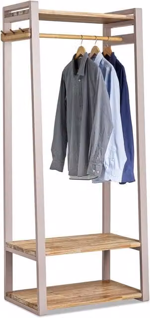 Florence Open Wardrobe with Shelves, Rail and Hooks in Truffle Acacia Wood, H: 188 cm, W: 80 cm, D: 38 cm