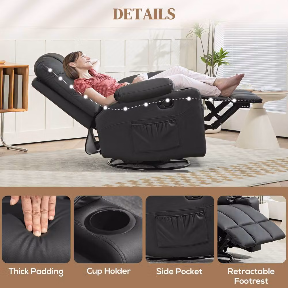 STILVORA Black Synthetic Leather Recliner Armchair with Swivel and Cup Holders – 7