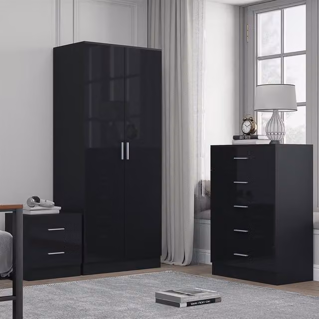 REFLECT Bedroom Furniture Bundle including 2-Door Plain Wardrobe, Chest of Drawers and Bedside Table in Black Gloss and Matt Black