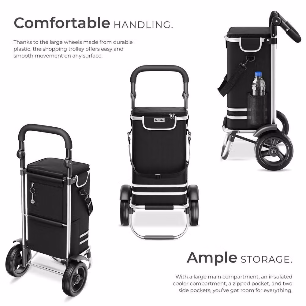 tectake 3-in-1 Foldable Shopping Trolley with Cooler Bag, Black – 3