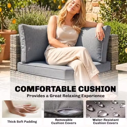 Outsunny L-Shape Grey Polyrattan Garden Corner Sofa with Upholstered Cushions – 4