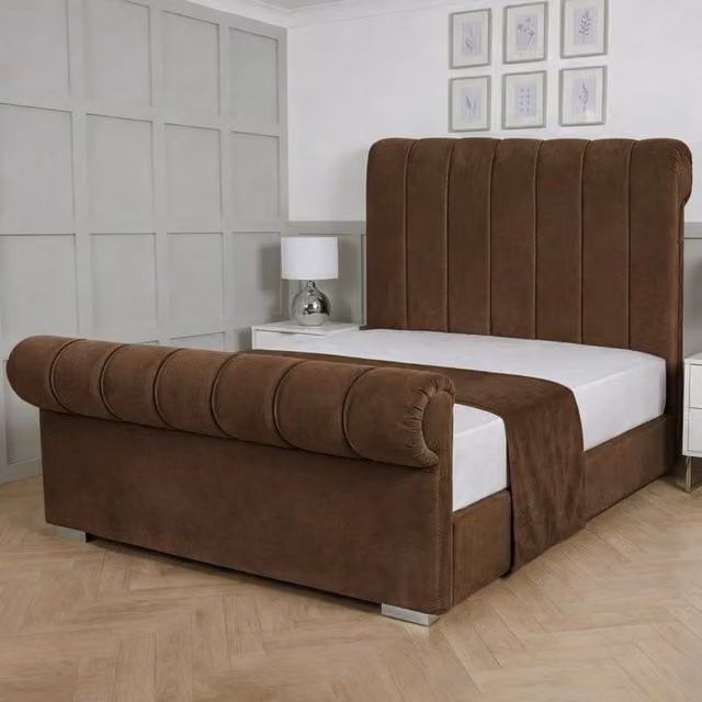 Living Comfort Bedz Orion Upholstered Gas Lift Storage Bed in Brown, Super King Size