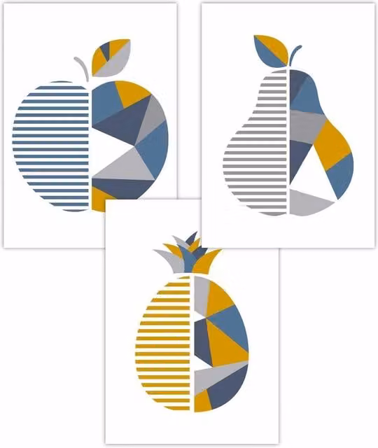 ARTZE Set of 3 Geometric Apple Abstract Art Posters in Blue, Yellow and Grey, W: 42 cm x H: 59 cm