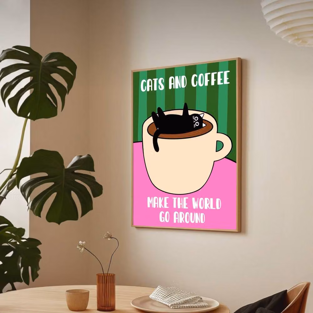 The Paper Tail Cats & Coffee Black Cat Funny Illustration Paper Poster, Multicolour, H: 29.7 cm x W: 21.0 cm – 2