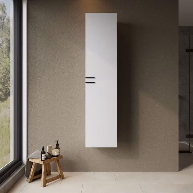 Banyetti Celtic Wall Hung Tall Bathroom Cabinet in Gloss White with Matt Black Handles, H 150 cm x W 35 cm x D 31 cm