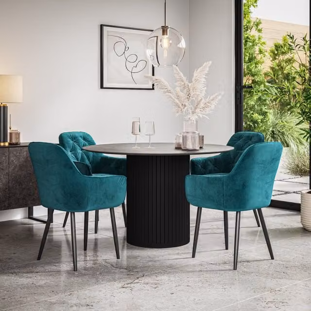 Arlo Modern Round Dining Table Set with 4 Blue Velvet Upholstered Chairs