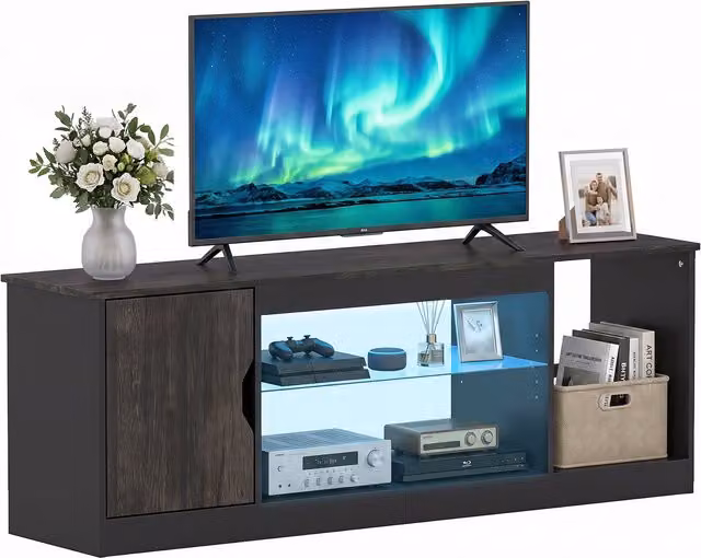 Costway Modern TV Stand with LED Light Strip in Black and Grey Matt Finish
