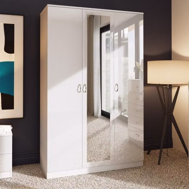 FWStyle Modern 3 Door White Gloss Wardrobe with Mirrors and Internal Shelving