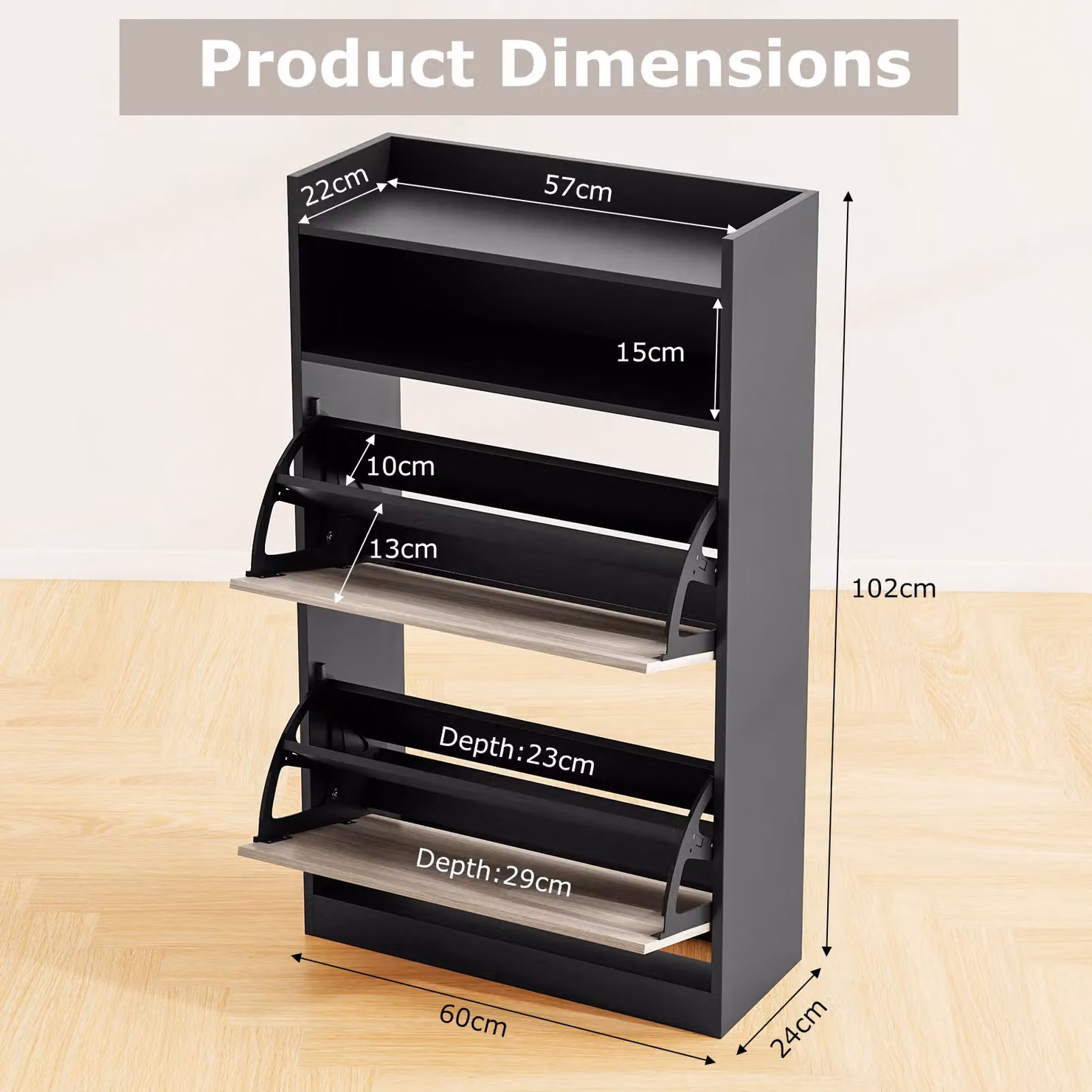 Gymax Modern Wooden Shoe Cabinet in Black with Tilting Compartments and Open Shelf, W/D/H: 60 x 24 x 102 cm – 2
