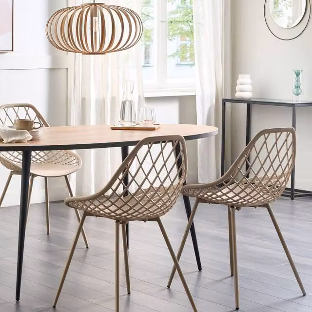 Wyld and Coco Set of 2 Beige Synthetic Leather Dining Chairs with Metal Legs