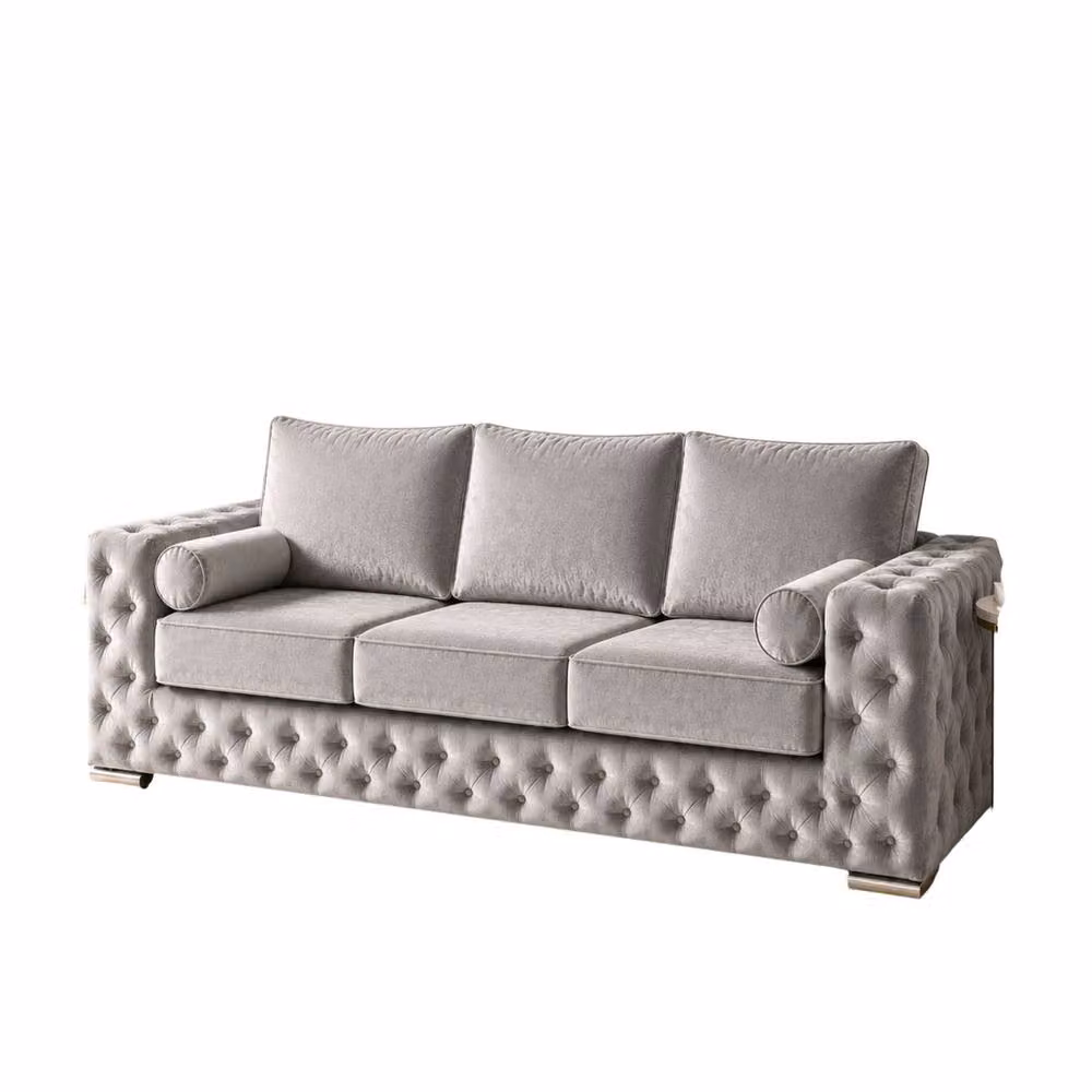 Stratus Interiors Ashley Luxury Chesterfield 3 Seater Fabric Upholstered Sofa in Light Grey – 2