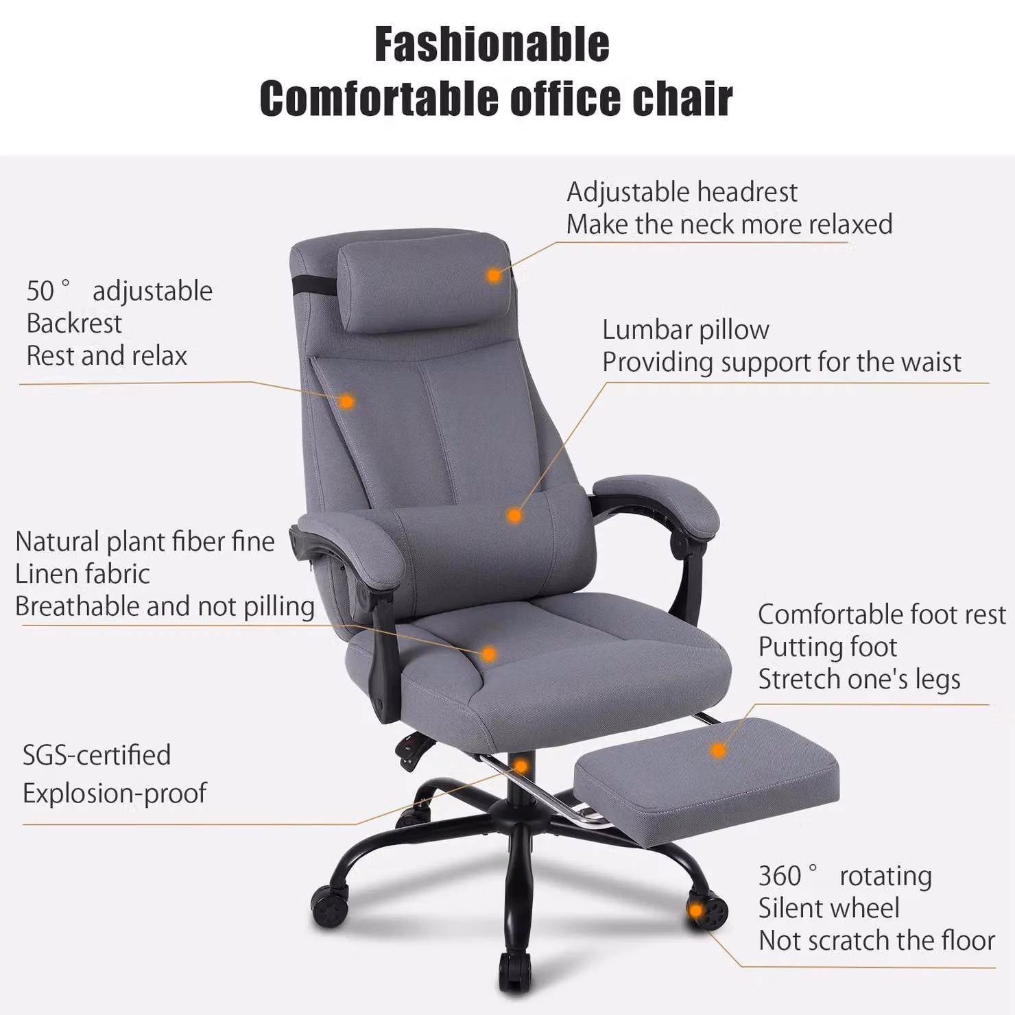 FURNITURE ONE Linen Effect Ergonomic Gaming PC Chair in Light Grey with High Back, Recliner and Swivel Function – 6