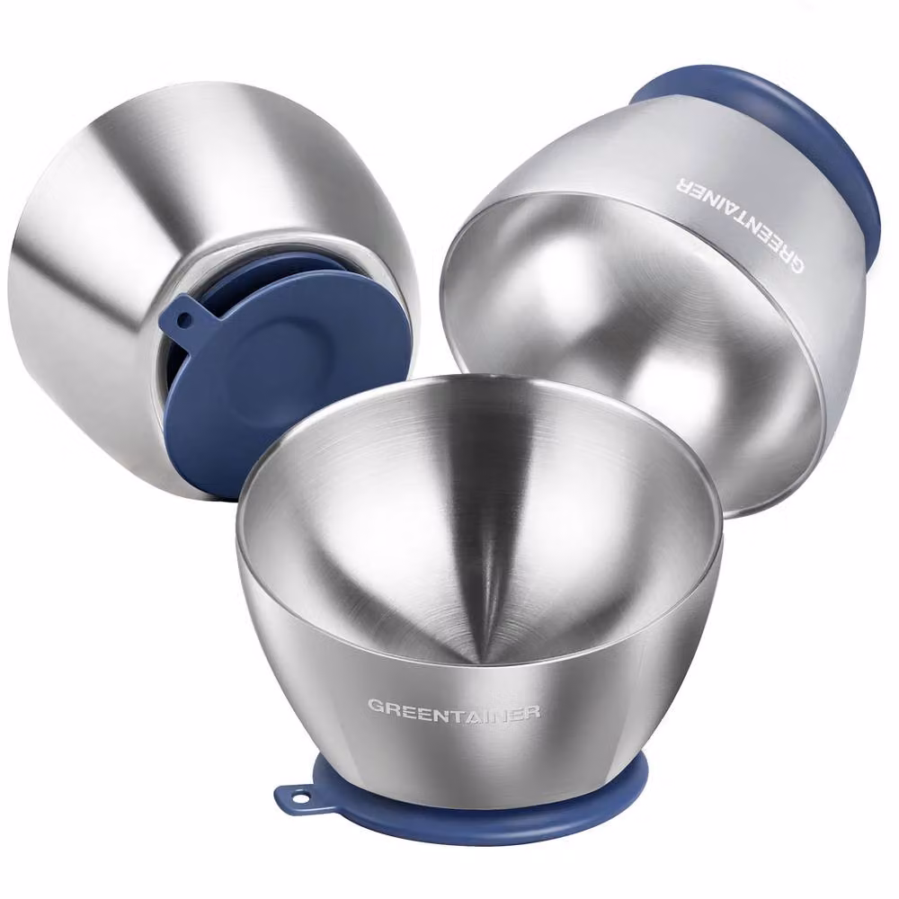 Greentainer 3-Piece Insulated Baby Suction Bowl Set in Multicolour and Silver with Stainless Steel and Silicone – 9