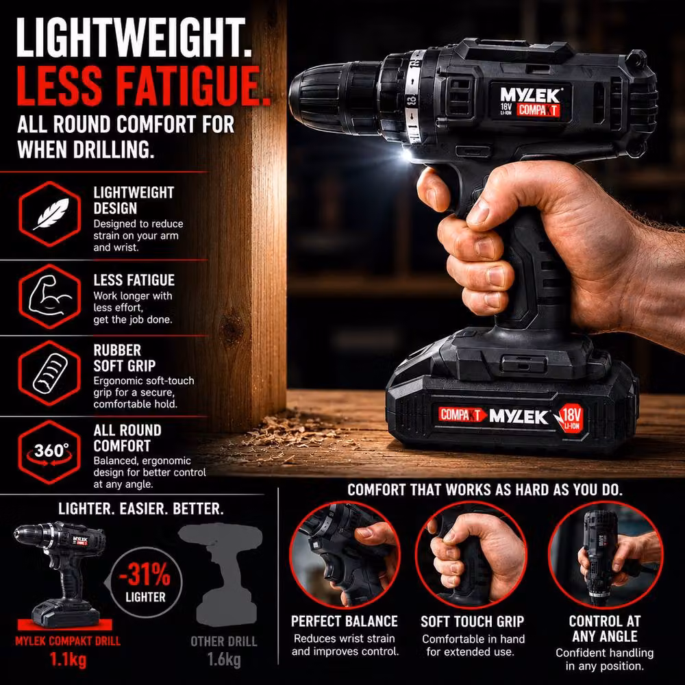 MYLEK 18V Cordless Drill with 151 Piece Accessory Kit and Carry Case, Black – 5