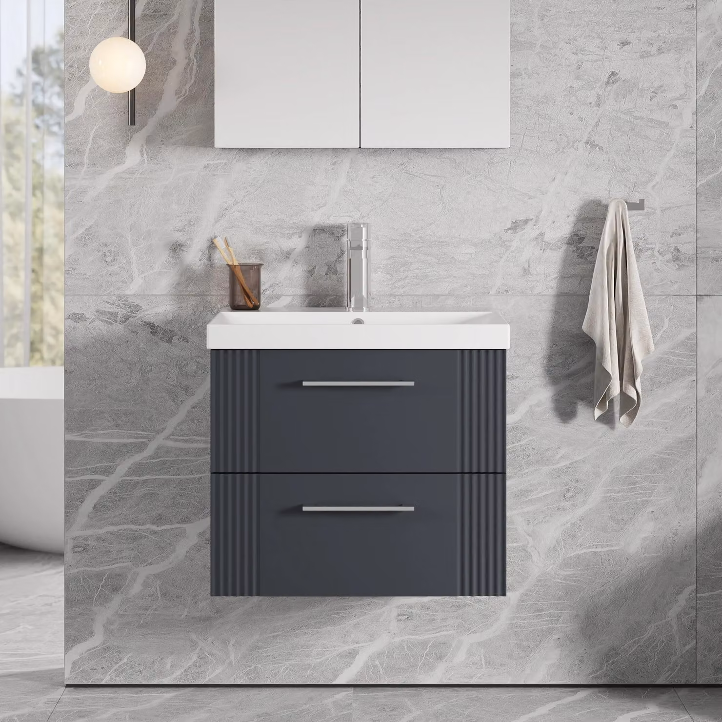 Balterley Wall Hung 2 Drawer Vanity Unit with Thin-Edge Vitreous China Basin, Satin Dark Grey, Width: 60 cm – 2