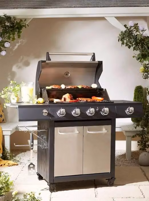 Premium Stainless Steel 4-Burner Gas BBQ with Enamelled Steel Side Burner in Black and Silver
