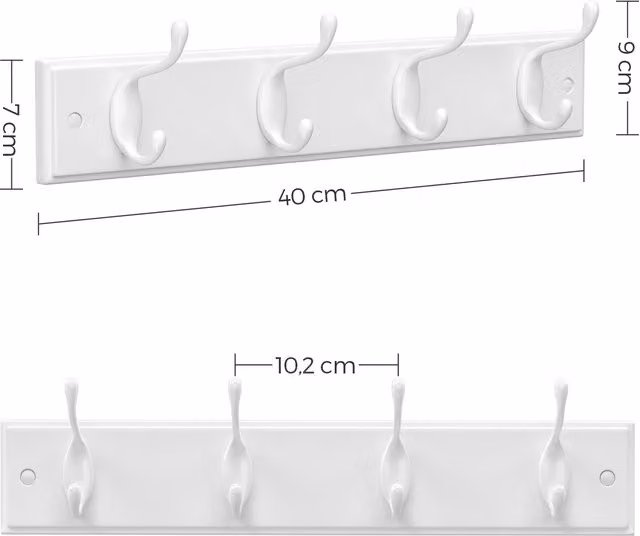 SONGMICS Set of 2 White Matt Metal Wall-Mounted Coat Racks with Distributed Point Hooks