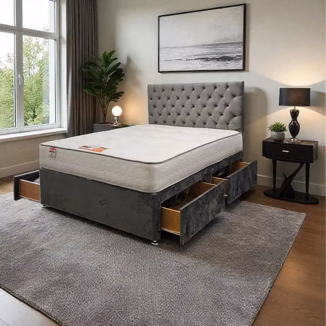 Knight Sleep Athens Plush Bed Set with Mattress and 24 inch Headboard in Charcoal Grey, King Size, W/D/H: 180 x 200 cm