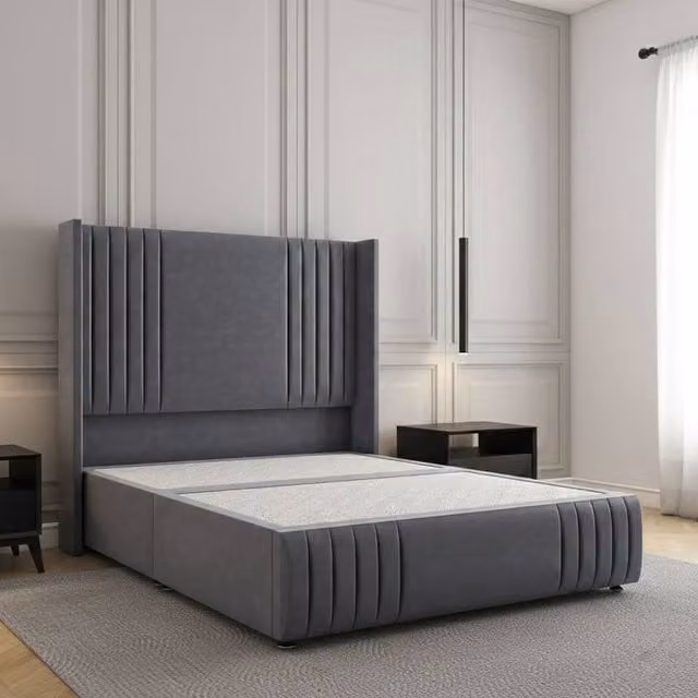Regional Furnishings King Size Upholstered Divan Bed with 54 inch Plush Velvet Headboard and Footboard in Charcoal Grey, W/D/H: 180 x 200 cm