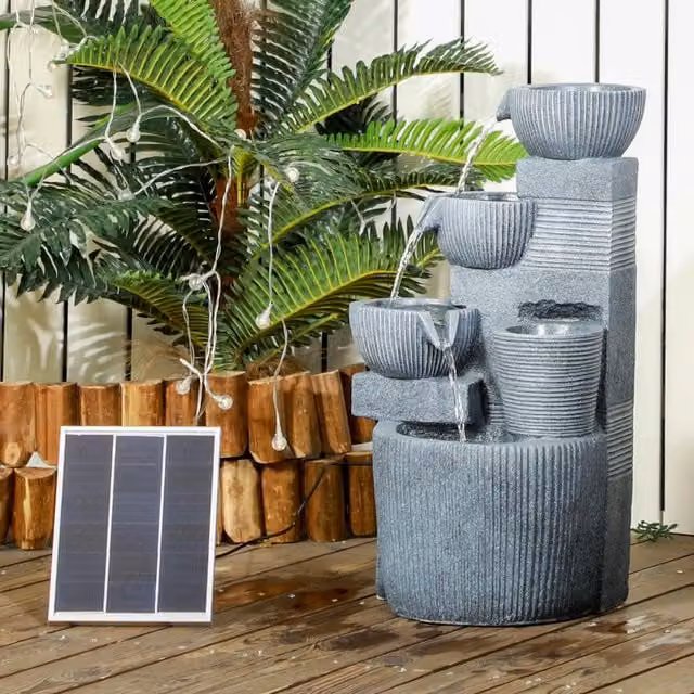 Outsunny Freestanding Cascade Outdoor Water Fountain in Grey Stone Finish