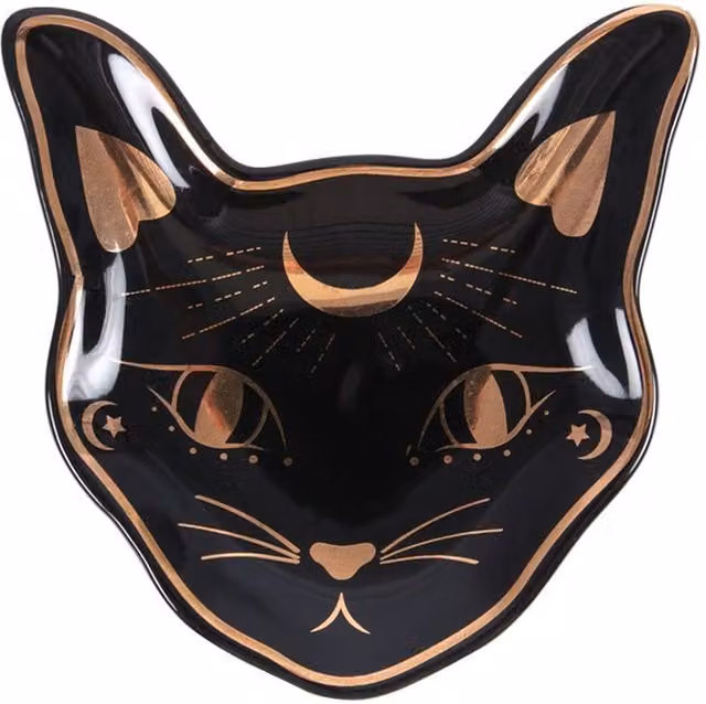 KDMK Organic Ceramic Mystic Cat Face Trinket Dish Bowl in Black and Gold
