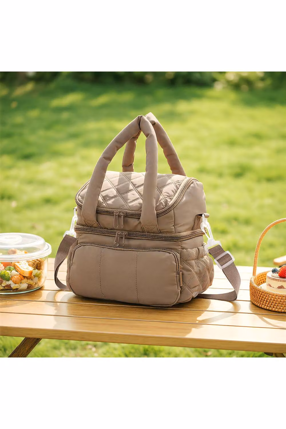 Living and Home 2 Layer Portable Insulated Lunch Bag with Compartments in Brown – 2