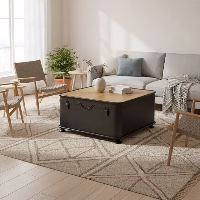 Fifty Five South Orsina Square Industrial Coffee Table with Storage and Hinged Top in Black – 1