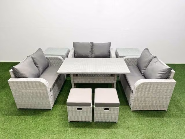 Fimous 8 Seater PE Wicker Rattan Garden Furniture Set in Light Grey with Rectangular Dining Table, 2 Seater Love Sofa, 2 Stools and 2 Side Tables