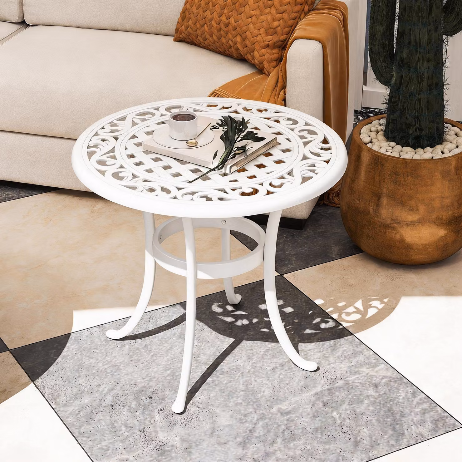 Outsunny Round Cast Aluminium Garden Table, White – 2