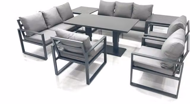 Fimous Aluminium Garden Sofa Set in Dark Grey with Rising Dining Table, 3 Chairs and 2 Side Tables