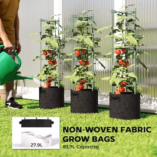 Outsunny 3 Pack Green Tomato Cages with 83.7L Grow Bags and 120cm Adjustable Steel Stakes – 3