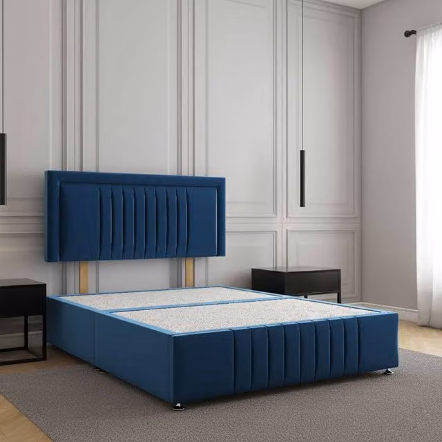 Regional Furnishings Blue Velvet Plush Divan Bed Base with 24 inch Headboard and Footboard, W/D/H: 180 x 200 cm, King Size