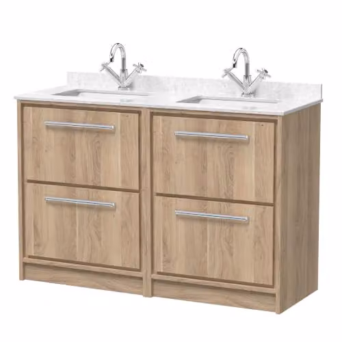 Balterley Twin Basin Floor Standing Vanity Unit with Marble Top and 4 Soft Close Drawers, Light Oak, W: 122 cm, D: 47 cm, H: 87.8 cm