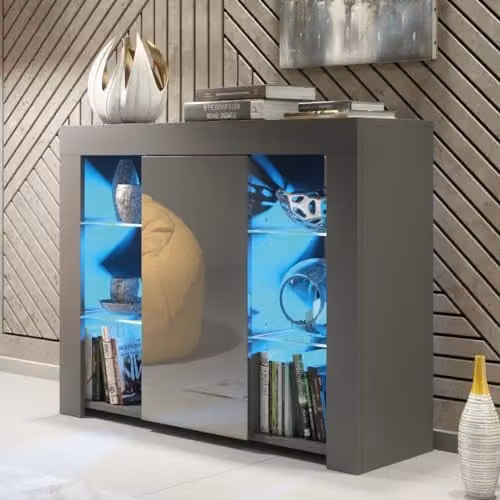 Creative Furniture Modern Glossy Sideboard in Dark Grey with Integrated LED Lighting W/D/H: 97 x 35 x 83 cm – 1