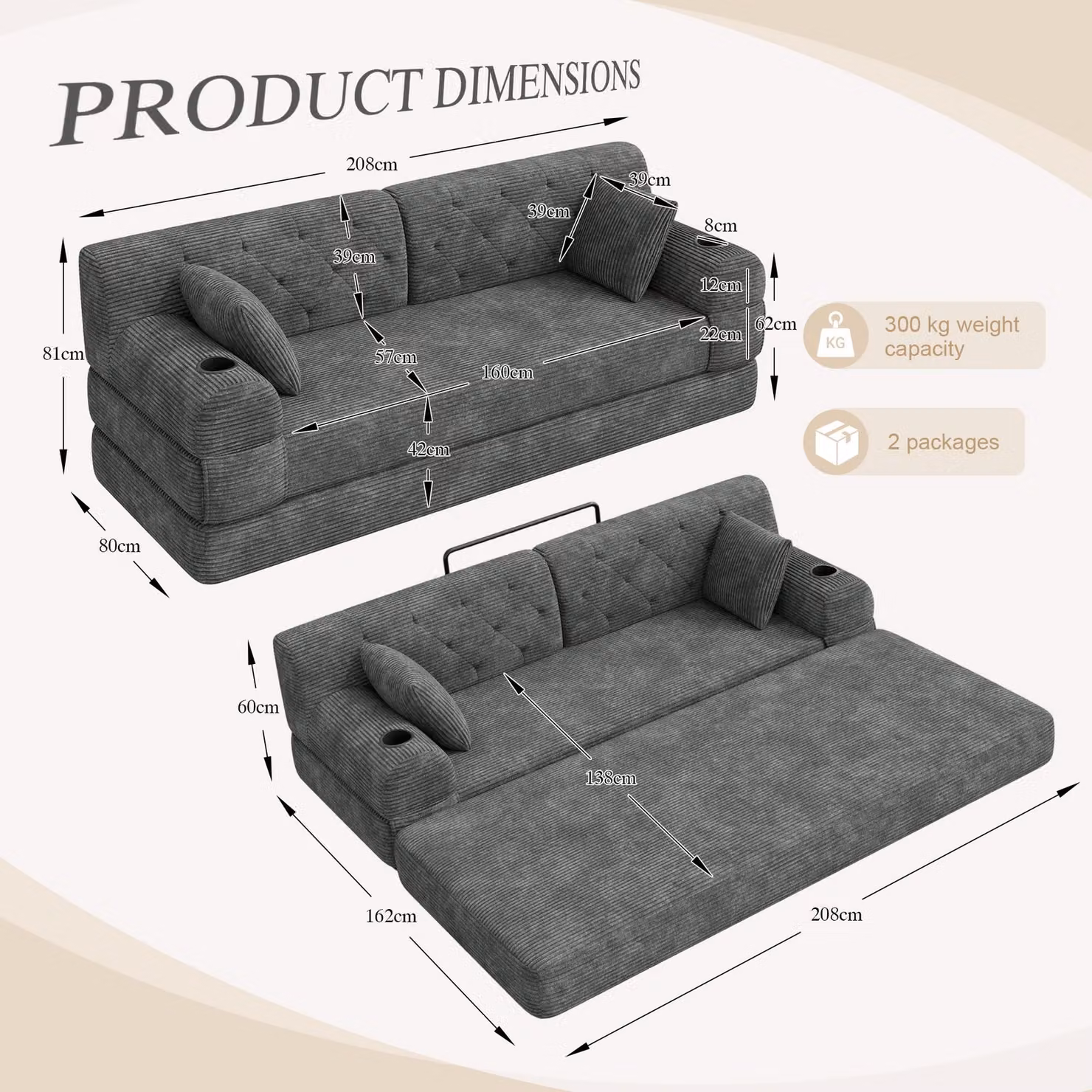 Aosom UK 3-Seater Sleeper Sofa Bed in Dark Grey with High-Back Foam Upholstery and Side Pockets, W/D/H: 208 x 80 x 81 cm – 3