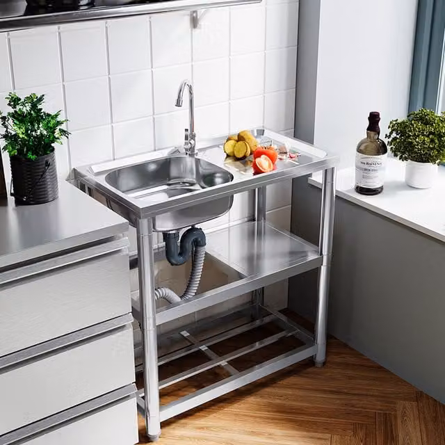 Livingandhome Stainless Steel Kitchen Sink with Shelves and Drainboard, Silver, Width: 75 cm