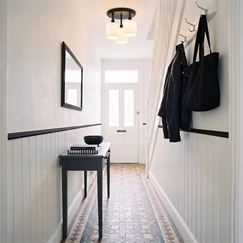 Happy Homewares Designer Semi Flush Ceiling Light with Fluted Opal Glass Shades in Black – 3