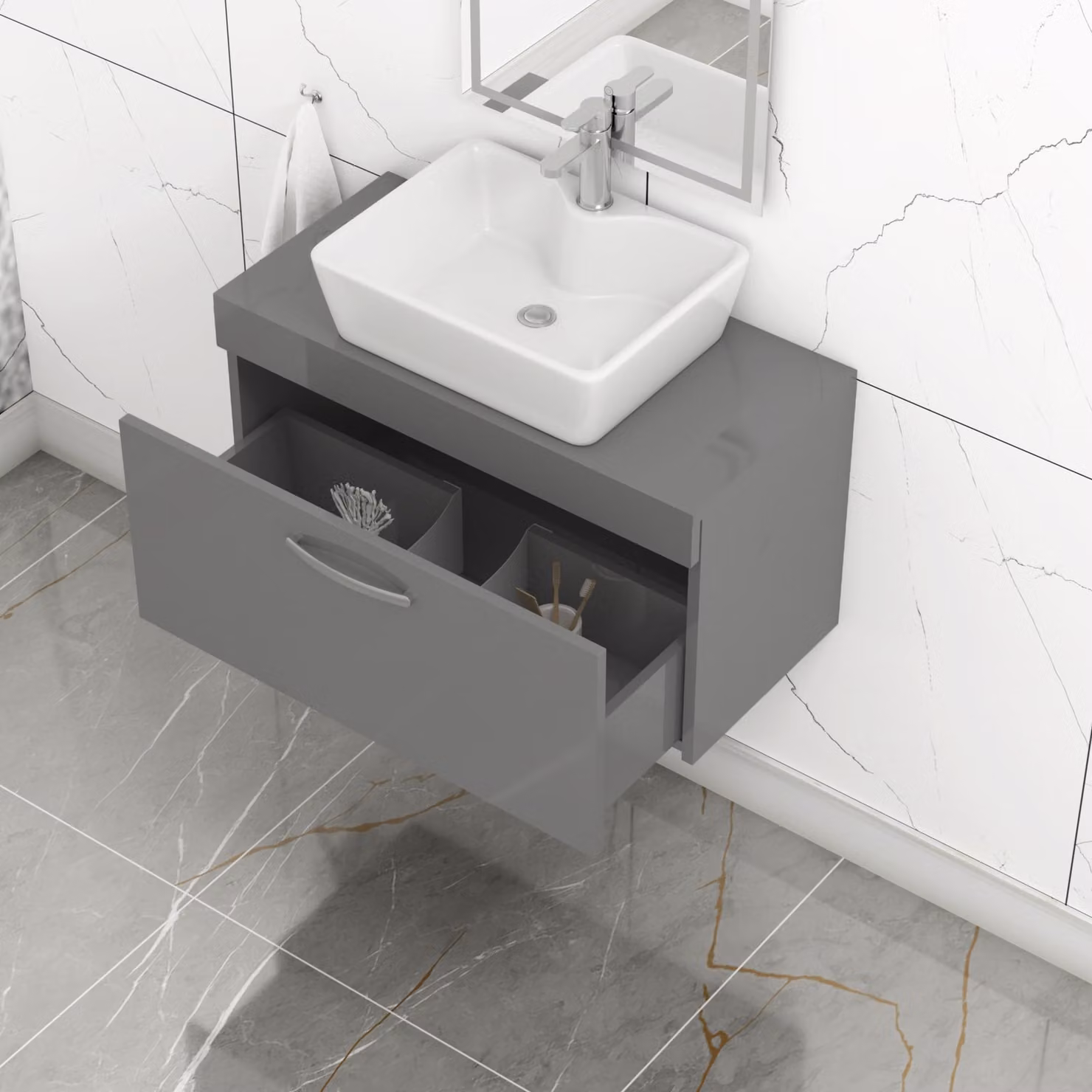 Royal Bathrooms Turin 800mm Indigo Grey Gloss Wall Hung 1-Drawer Unit and 370mm Square Countertop Basin