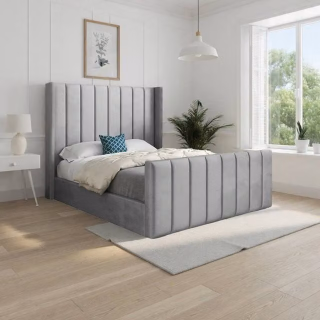 KDMD Stretton Winged Upholstered Grey Velvet Designer Bed Frame, W/D/H: 180 x 159 x 137 cm