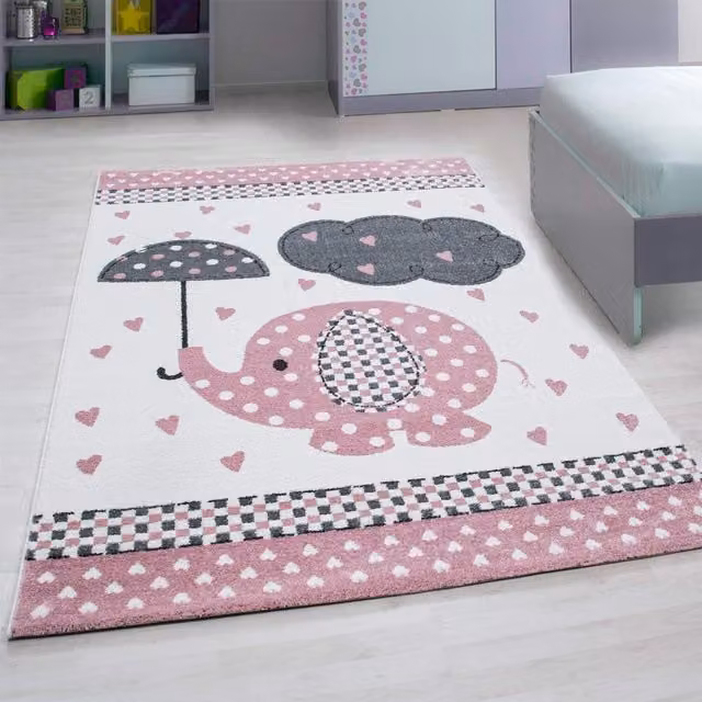 Bravich Kids Elephant and Hearts Rug in Pink and White, W: 150 cm