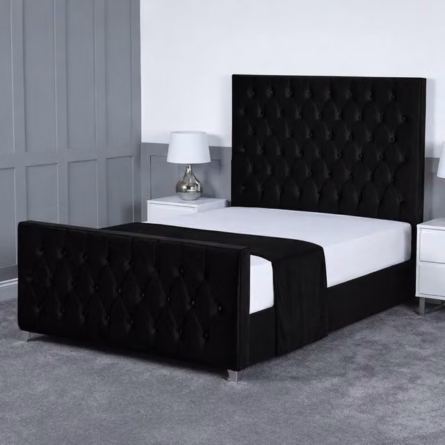 Living Comfort Bedz Vertex Plush Velvet Upholstered Bed with Slatted Base and 48 Inch Headboard, Black, W/D/H: 140 x 200 cm