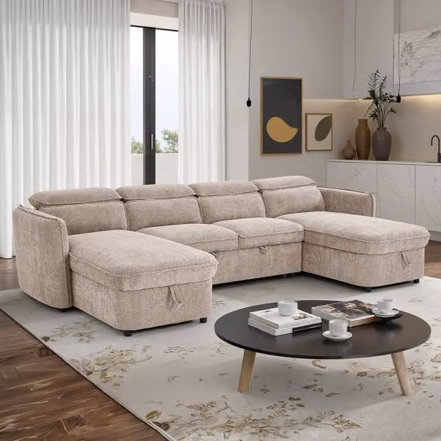 Furnishings For Less UK Ria 4 to 5 Seater U-Shaped Fabric Sofa Bed in Beige with Tilting Headrest and Storage