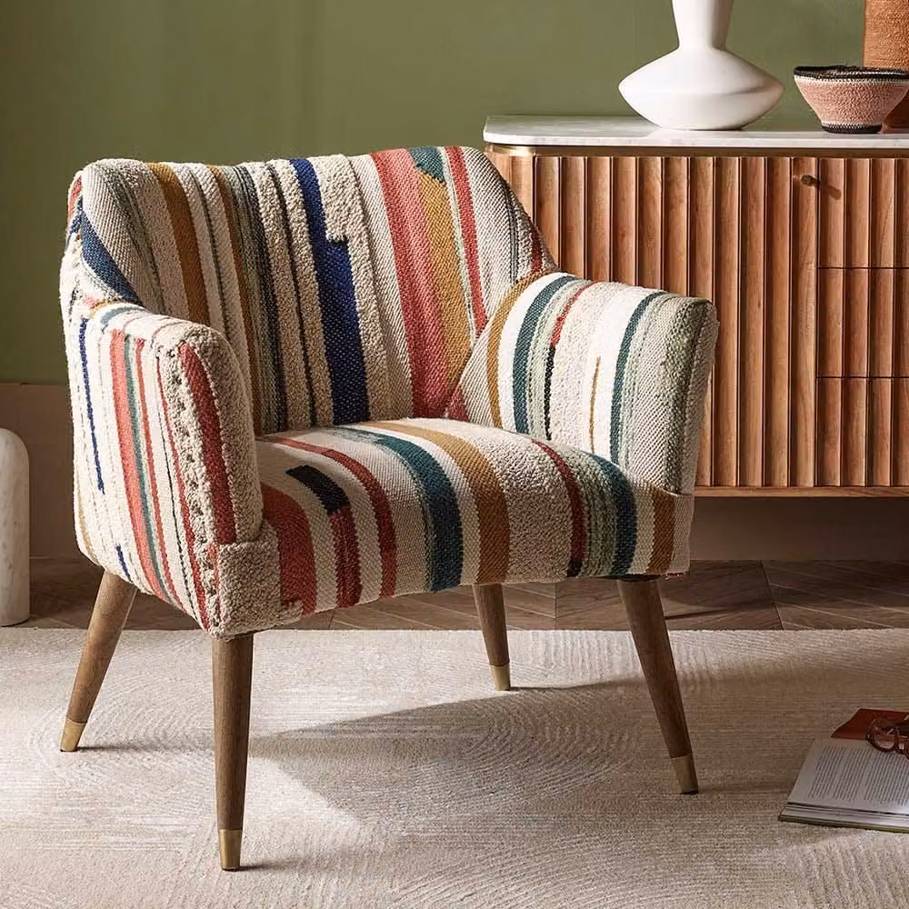 Atkin and Thyme Astoria Armchair in Multicolour Striped Woven Fabric with Mango Wood Frame