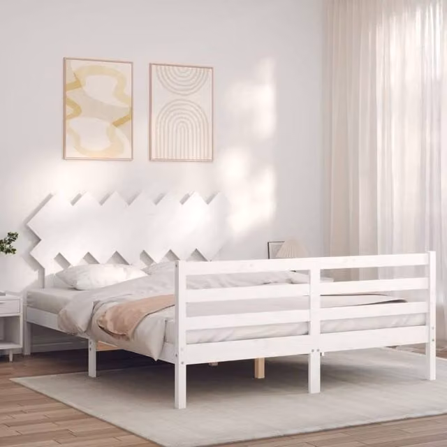 Berkfield Home Beautiful Bed Frame with Headboard in White Solid Pine Wood, W/D/H: 140 x 190 cm