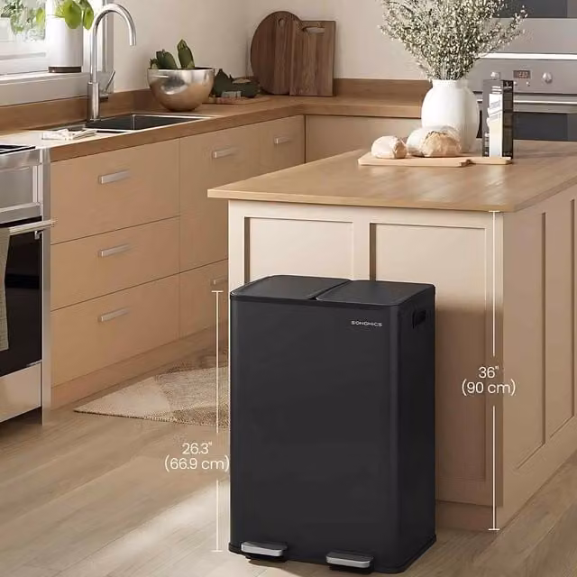 The Bazaarist Double Kitchen Pedal Bin with Soft Close and Removable Inner Buckets, Coated Steel, Ink Black